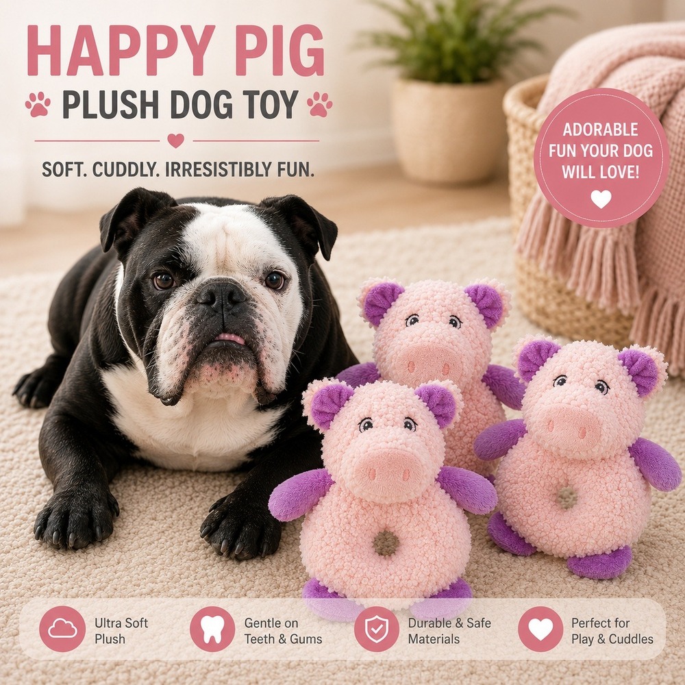 Happy Pig Plush Dog Toys Pink Purple Soft Squeaky Ring Shape 3 Count
